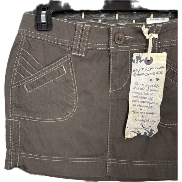 L.e.i Jrs 1 Expresso Brown Button Zip Front Pockets Tie Ruched Sides Mini Skirt - Picture 4 of 5